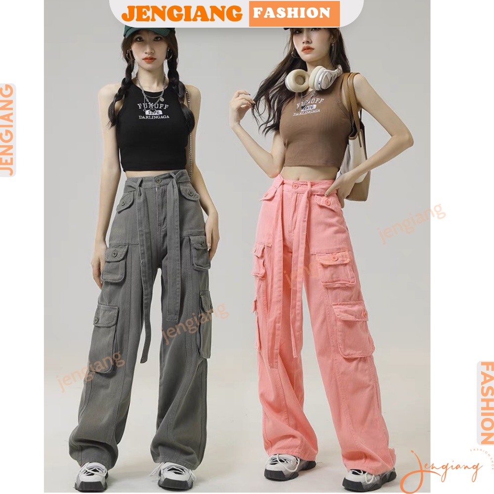 Quần túi hộp cargo pants chất liệu Kaki lưng cao ống rộng phong cách hiphop cá tính Jengiang | BigBuy360 - bigbuy360.vn