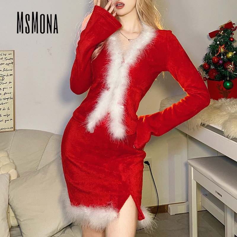 MsMona Bộ Đồ Thời Trang 2023 Cổ Chữ V Ôm Dáng Phối Màu Tương Phản Quyến Rũ Cho Nữ