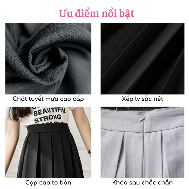 Chân váy Midi xòe dáng dài xếp ly to có BIGSIZE đi làm đi chơi đi học xinh chất tuyết mưa dày dặn, co giãn nhẹ mã 084