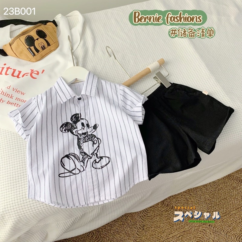 Bộ sơmi bé trai Bernie kẻ hoạ tiết Micky chất thô cho bé từ 8-22kg-23B001