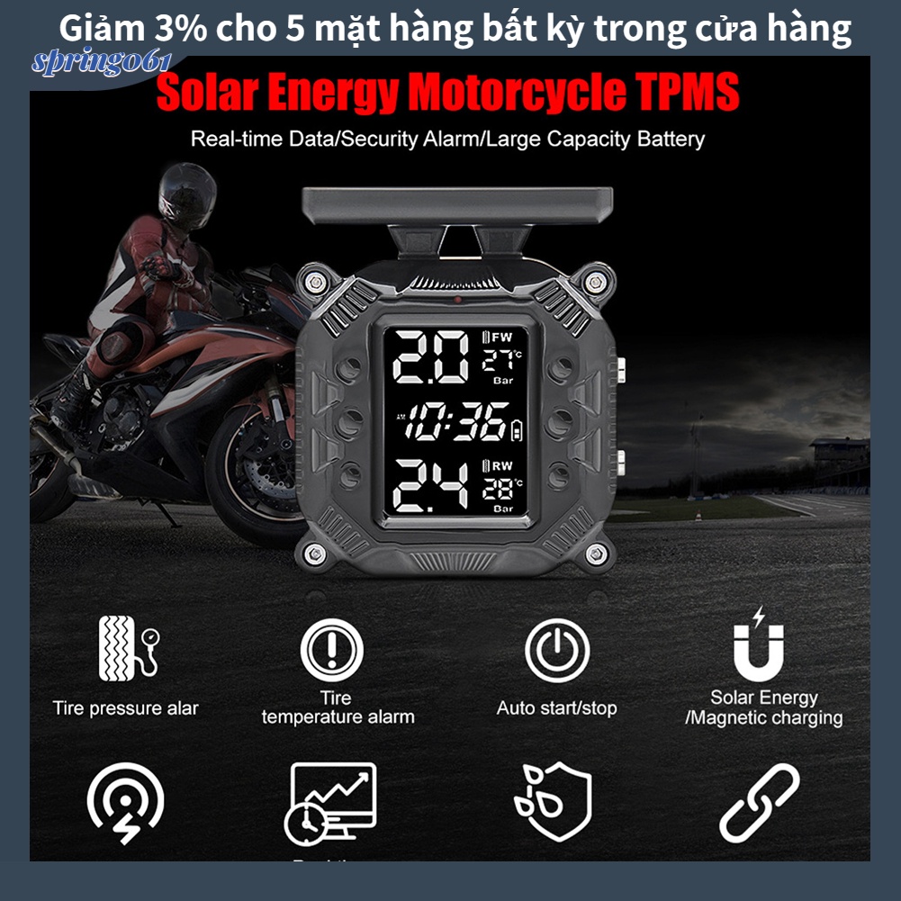 Hệ thống giám sát áp suất lốp năng lượng mặt trời TPMS không dây với màn hình 2 cảm biến bên ngoài cho xe máy【Spring061】