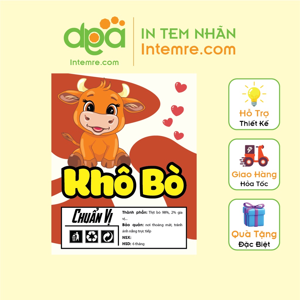 Sẵn 11 Tem Nhãn Giấy - Khô Bò, Gà, Heo, Mực - Dễ Thương, Decal Dán Intemre.com - Kt: 10x8cm
