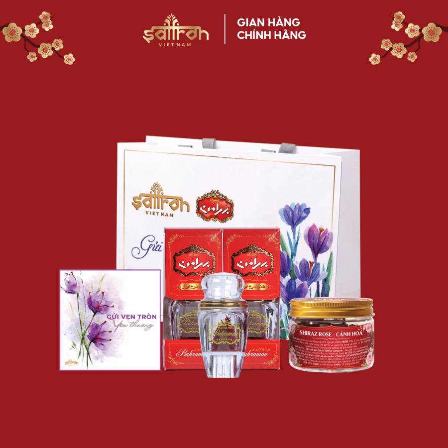 Set quà tặng Saffron Bahraman, trà nụ hồng có túi giấy và thiệp đi kèm thương hiệu saffron Việt Nam