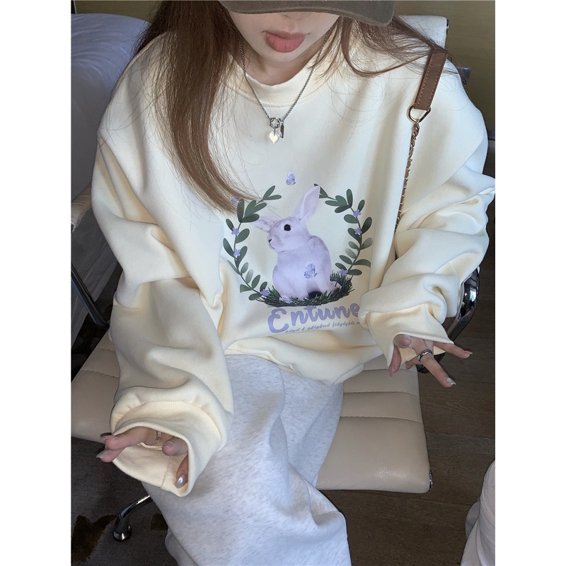 ZHELIHANGFEI Áo Nỉ Nữ Dài Tay Cổ Tròn In Hình Thỏ Đáng Yêu