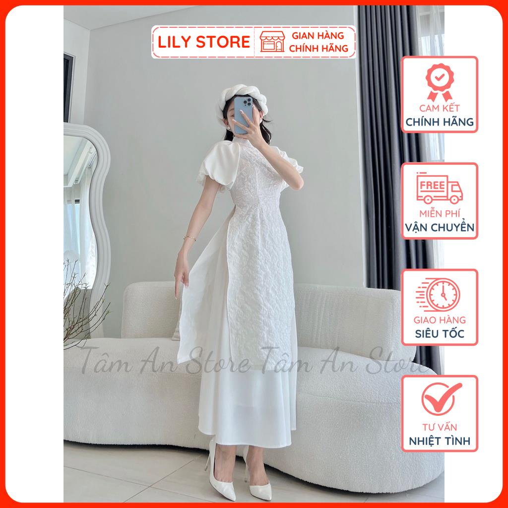 Bộ Áo Dài Gấm Trắng LILY STORE, Áo Dài Cách Tân Nữ Tay Bồng Kèm Chân Váy Xòe Hàng Thiết Kế Đủ Size.