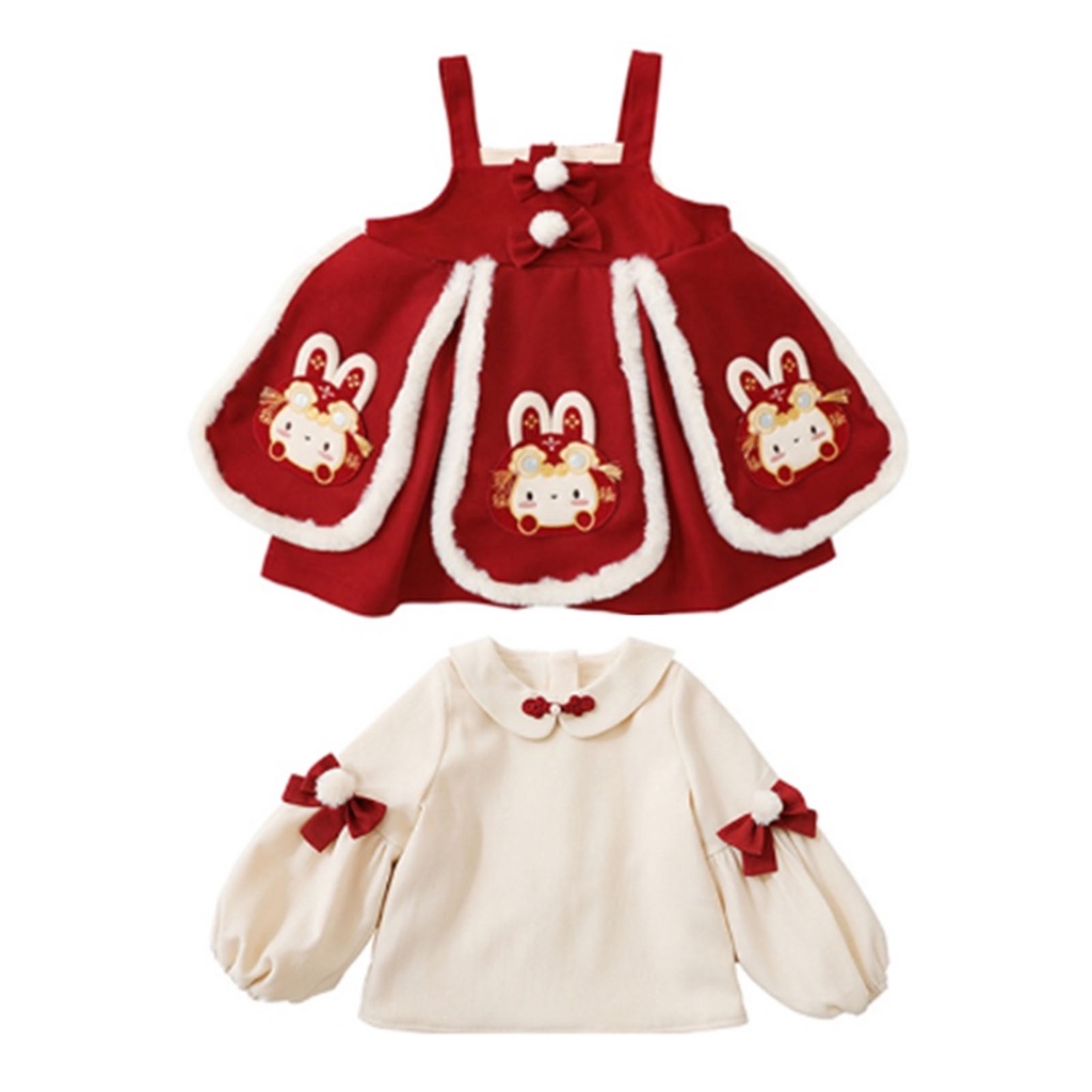 Babyfair. Cô Gái Váy Treo Phù Hợp Với Dễ Thương Ấm Áp Thoải Mái 2 Mảnh Mùa Đông Bộ Trang Phục Cho Năm Mới