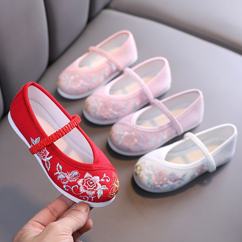 Giày Búp Bê Thêu Hoa Đỏ Phong Cách Truyền Thống Trung Hoa Thời Trang Dành Cho Bé Gái