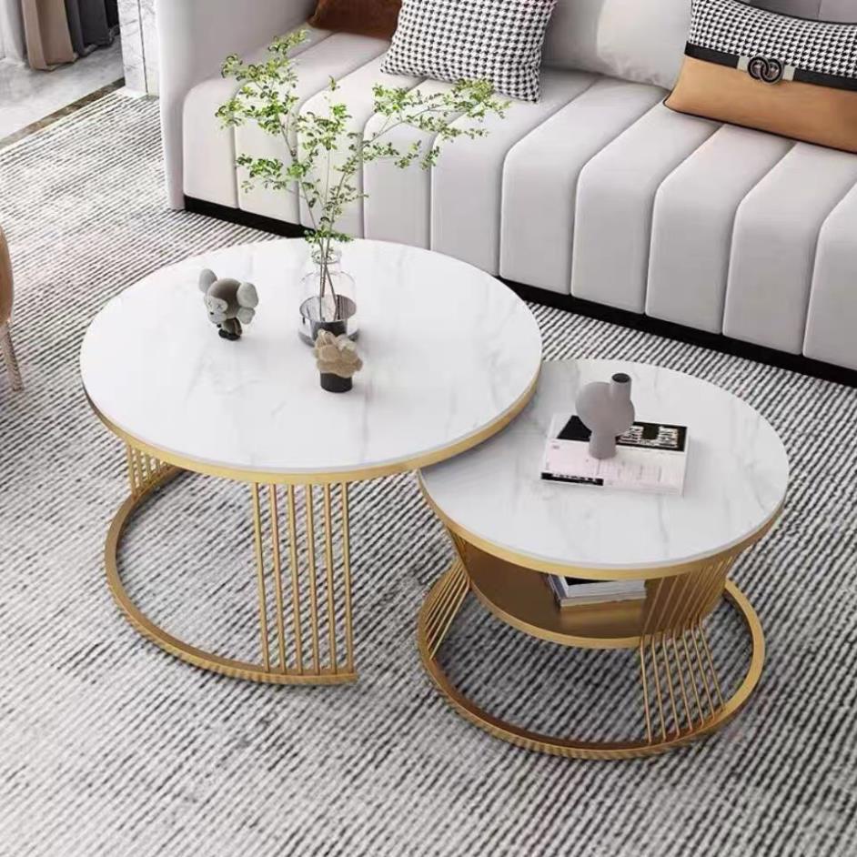 Bàn trà sofa phòng khách 2 mặt đá tròn, khung chân 6 nan chắc chắn, hiện đại  - Giá Xưởng