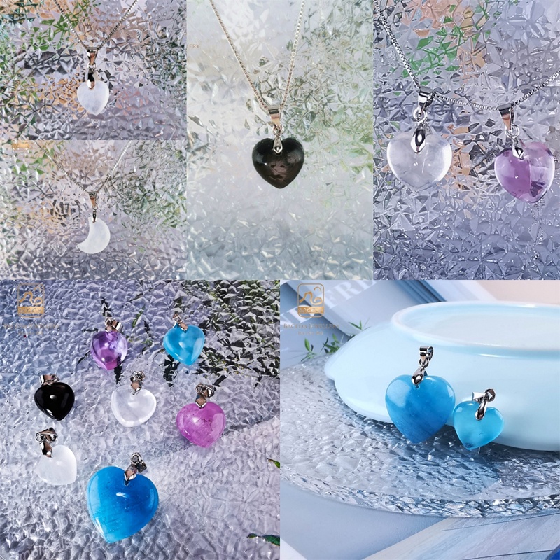Baceda Aquamarine / Moon Stone / Amethyst / Thạch Anh Tím / Hypersthene Mặt Vòng cổ Hình Trái Tim Bằng Đồng