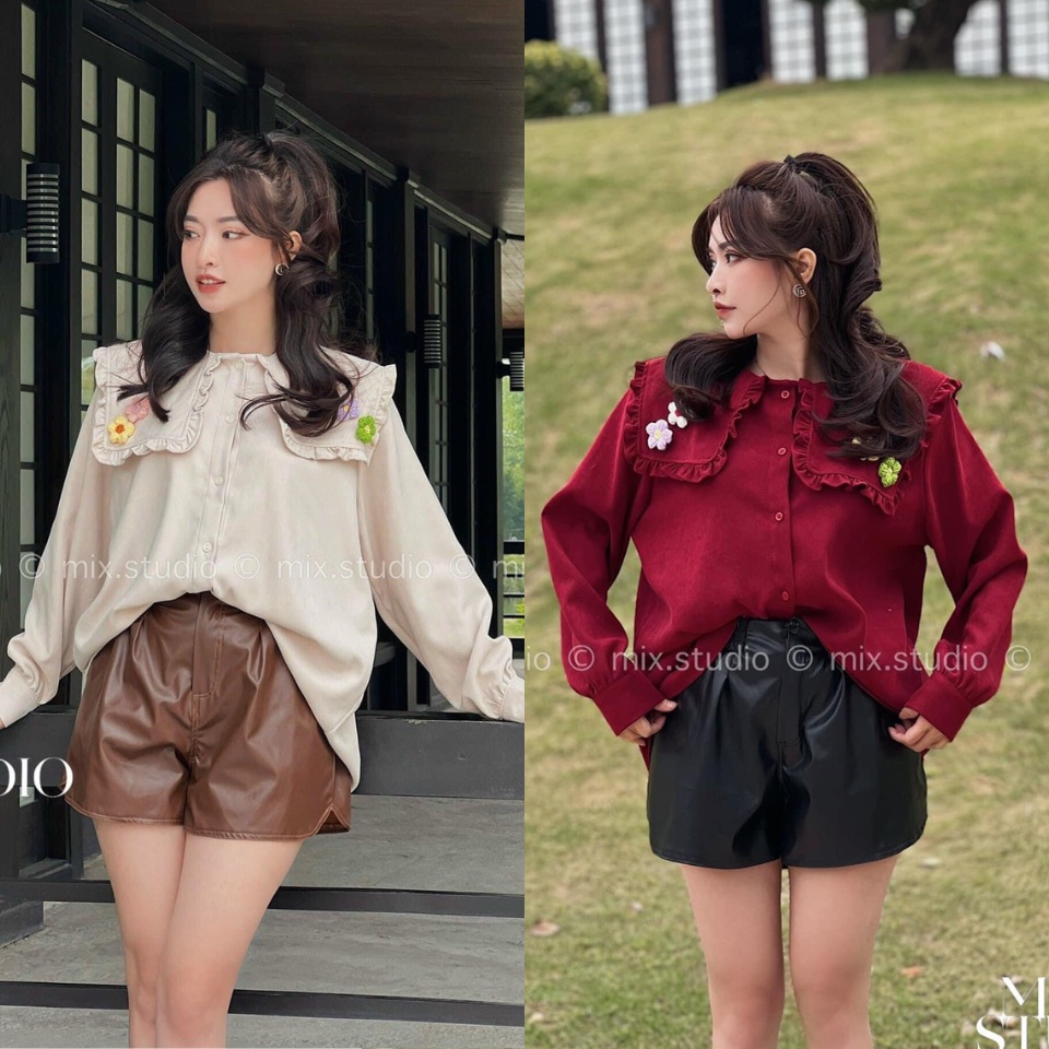 Áo sơ mi nữ dài tay A.414, Áo babydoll cổ thủy thủ thêu hoa 2 màu chất nhung cực xinh - Thời trang nữ Chấm Bi