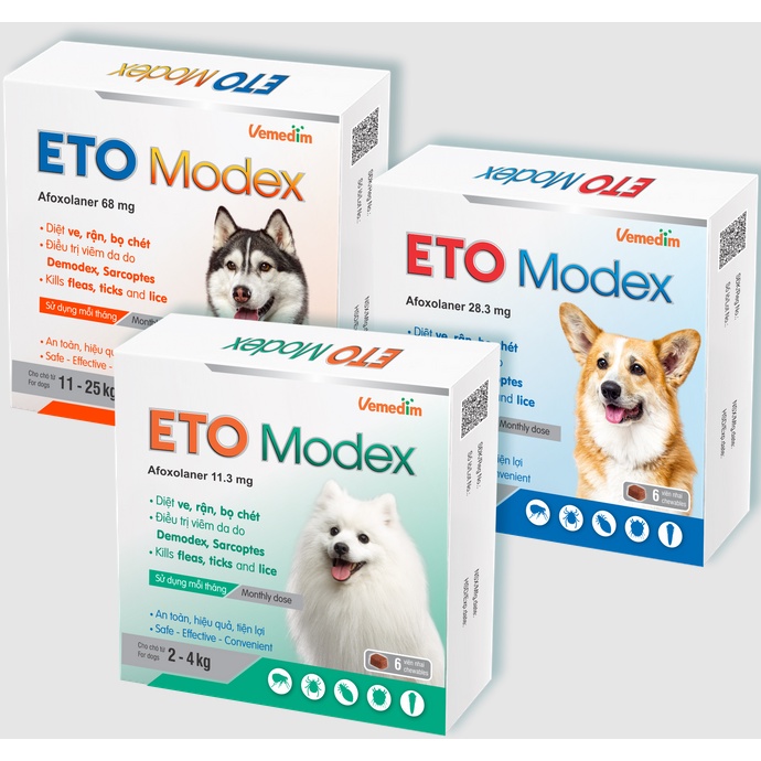 (1 VIÊN HỘP CTY) Vemedim ETO Modex - Diệt ve, rận, bọ chét và ngăn ngừa viêm da do Demodex, Sarcoptes