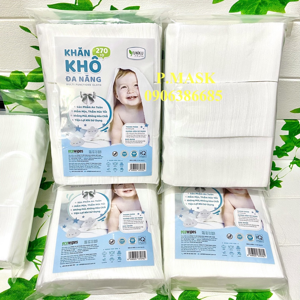 KHĂN LAU KHÔ ĐA NĂNG 270 TỜ không mùi dành cho bé YUNIKU