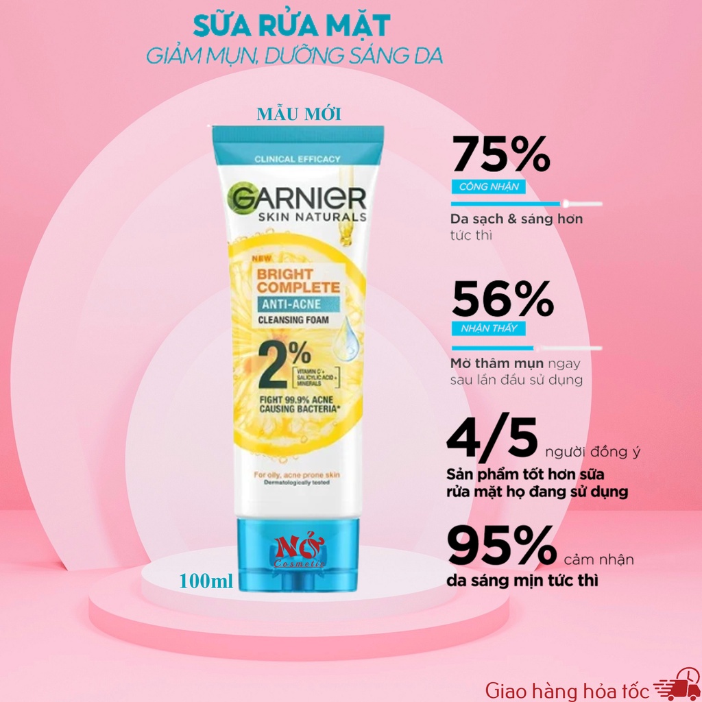 Sữa Rửa Mặt 3 Trong 1 Giảm Mụn, Dưỡng Sáng Da Garnier Bright Complete 3-in-1 Anti-Acne Foam 100ml