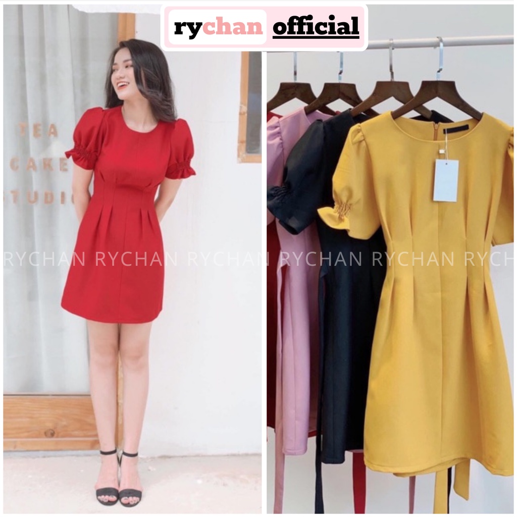 DX870 - Đầm Xòe Xếp Li Cột Nơ Lưng Cổ Tròn Tay Ngắn Bo Chun 2 Màu Vàng Đỏ [ẢNH THẬT CUỐI]