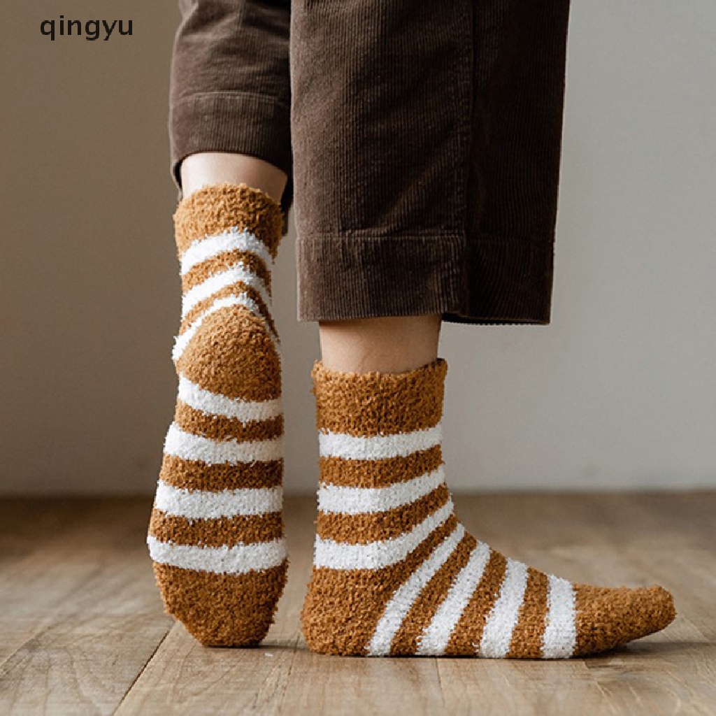 Qingyu 1 Đôi Vớ Lông Cừu San Hô Dày Giữ Ấm Mùa Đông Kẻ Sọc Màu Trơn Dành Cho Nam Ngủ Bán Chạy