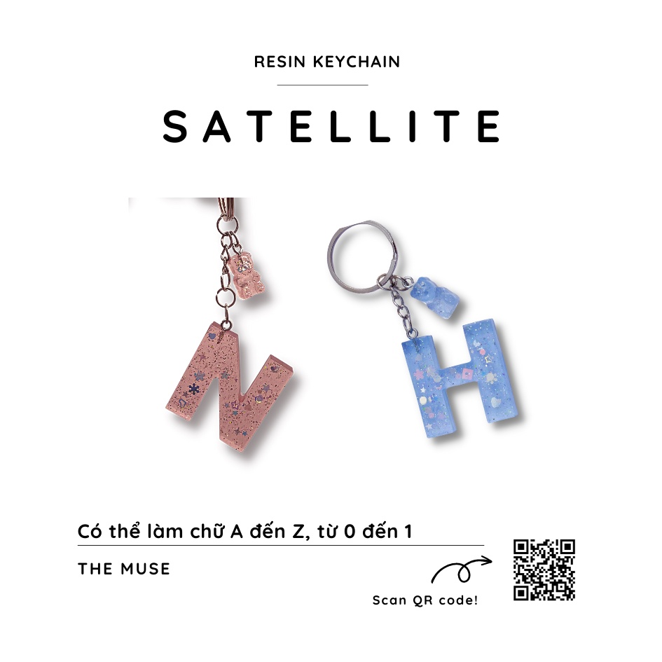 Móc khóa Resin handmade Satellite - Chữ cái có gắn thêm charm (chữ nhỏ, gấu, hà mã, chân mèo, sư tử,...)