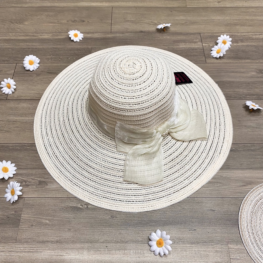 Nón mũ cói đi biển vành rộng phối nơ voan đính ngọc nhiều màu cực đẹp - NN8