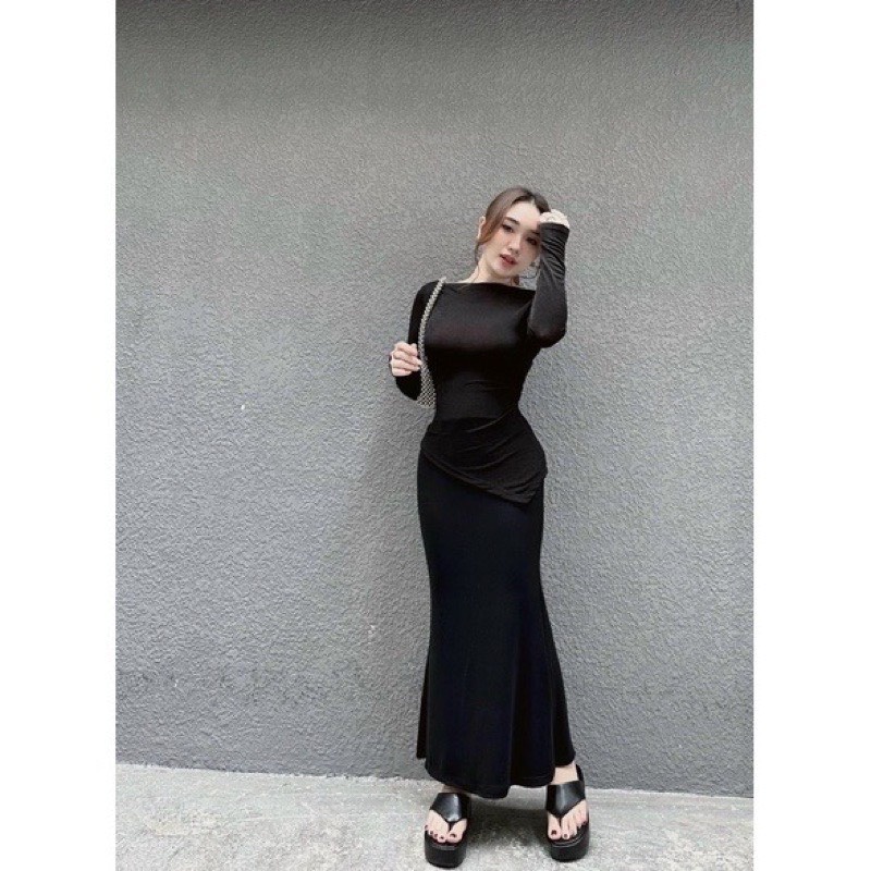 Set áo xoắn lưng vạt xéo phối chân váy đuôi cá có mút ngực- Ringu shop