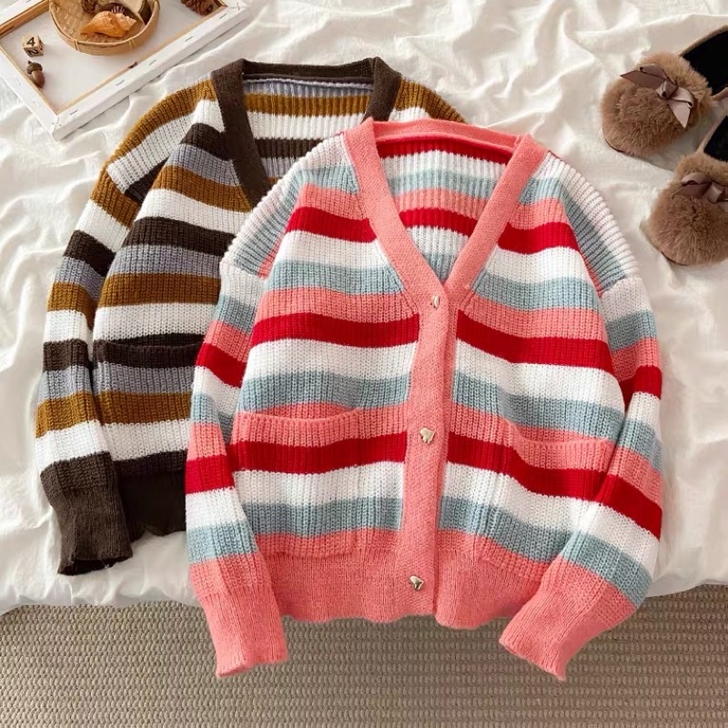 ÁO CARDIGAN  NÚT TIM 2 TÚI KẺ MÀU