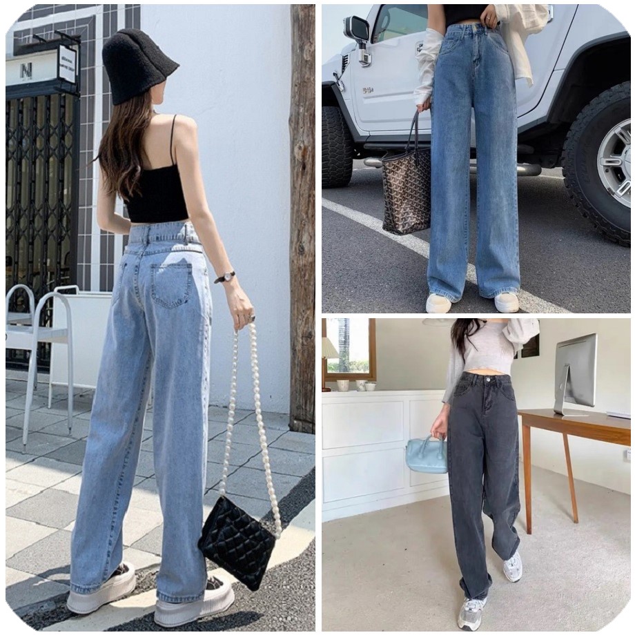 Quần jean nữ ống rộng lưng cao, Quần bò nữ ống rộng cạp cao màu xanh nhạt dáng suông, kiểu baggy ống đứng chất đẹp QJ006