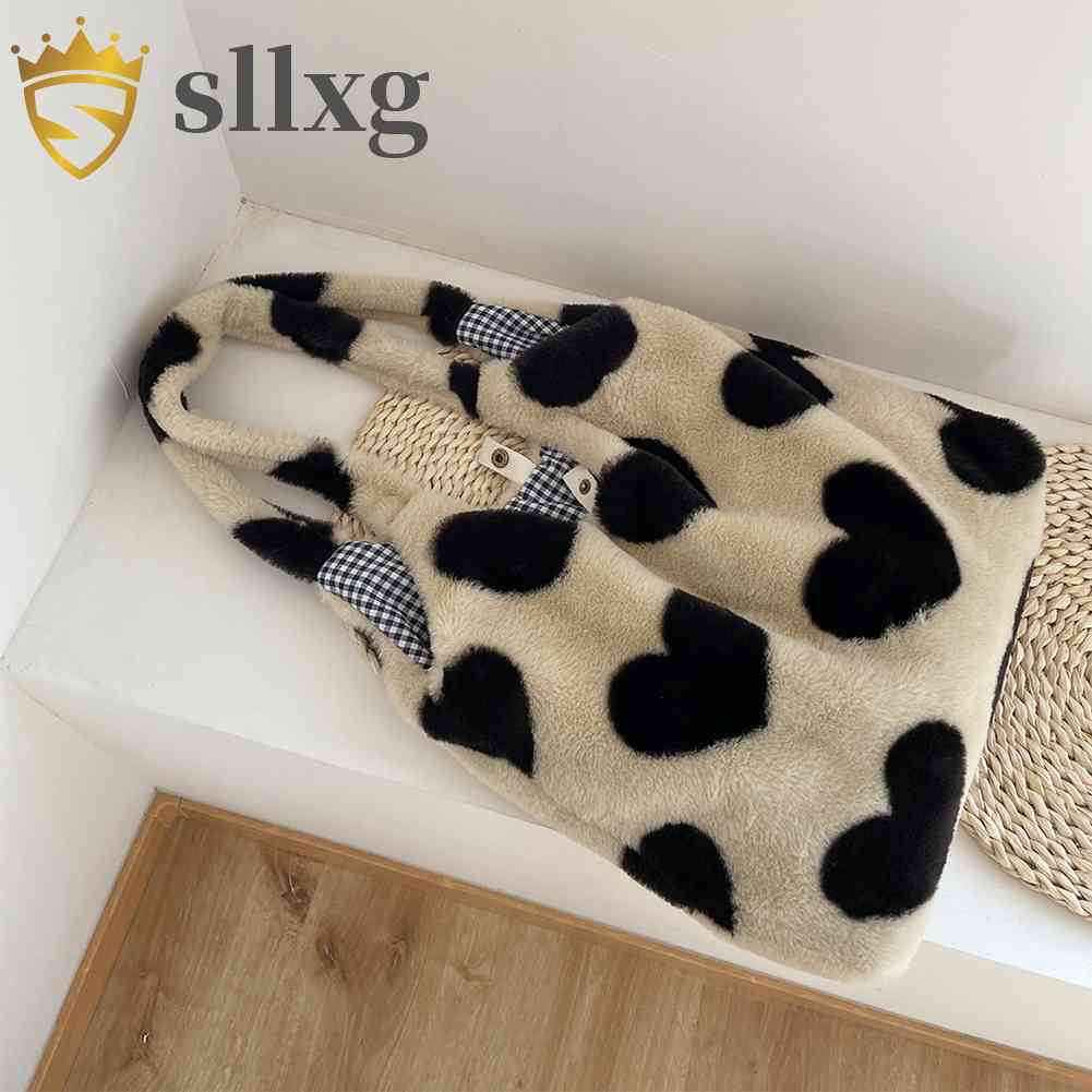 Túi Tote Đeo Vai Mùa Đông Kích Thước Lớn Họa Tiết Trái Tim Bằng Vải Lông