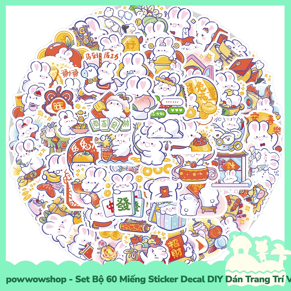 [Sẵn VN - Hỏa Tốc] Set Bộ 60 Miếng Sticker DIY Chống Thấm Nước Dán Trang Trí Vật Dụng Phong Cách Hoạt Hình Thỏ Tết