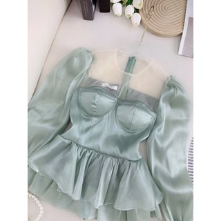 Áo sơ mi tơ óng phối lưới dáng xoè tiểu thư