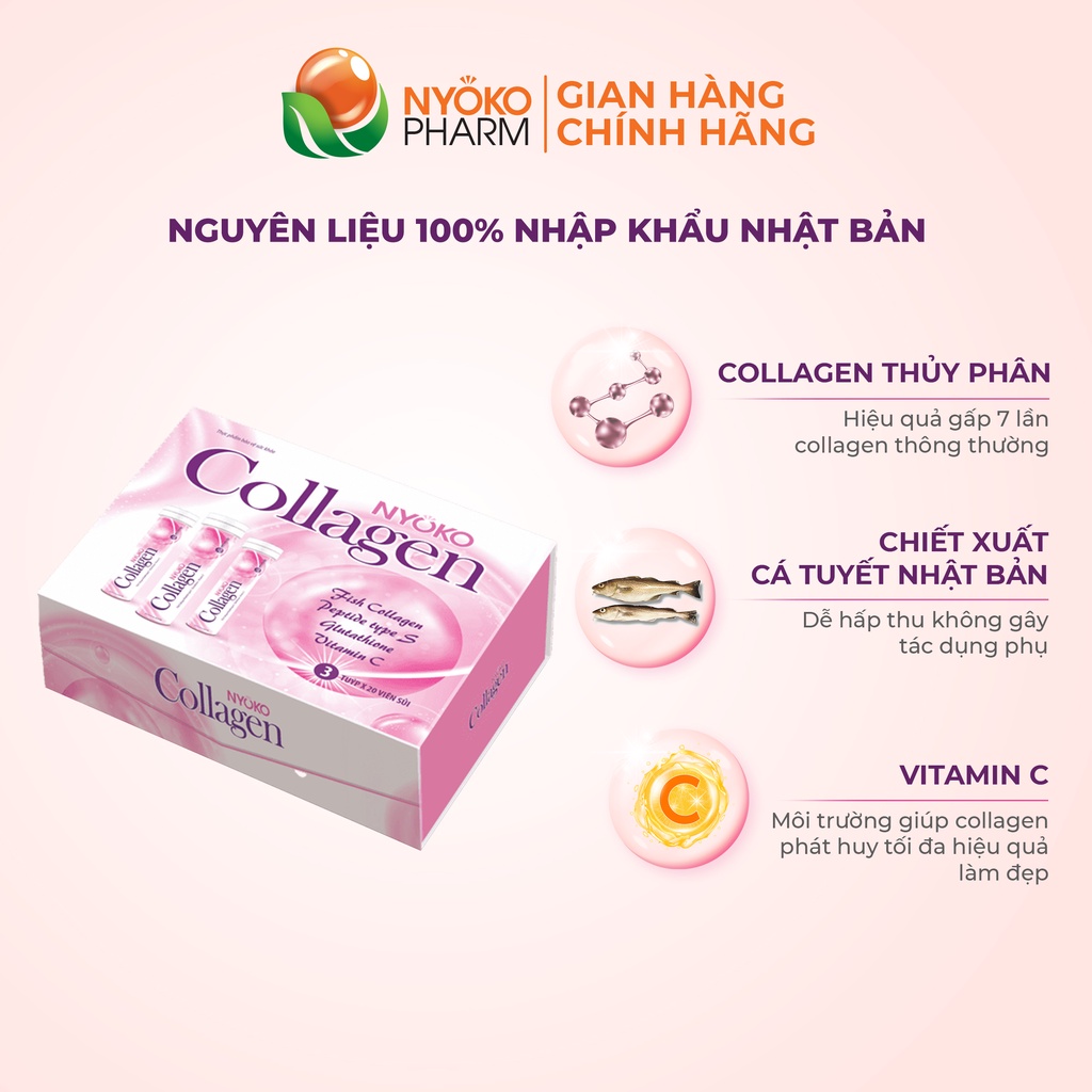 Collagen uống thủy phân Nyoko chiết xuất cá tuyết Nhật Bản chống lão hóa hàm lượng 1250mg/viên hộp 3 lọ x 20 viên