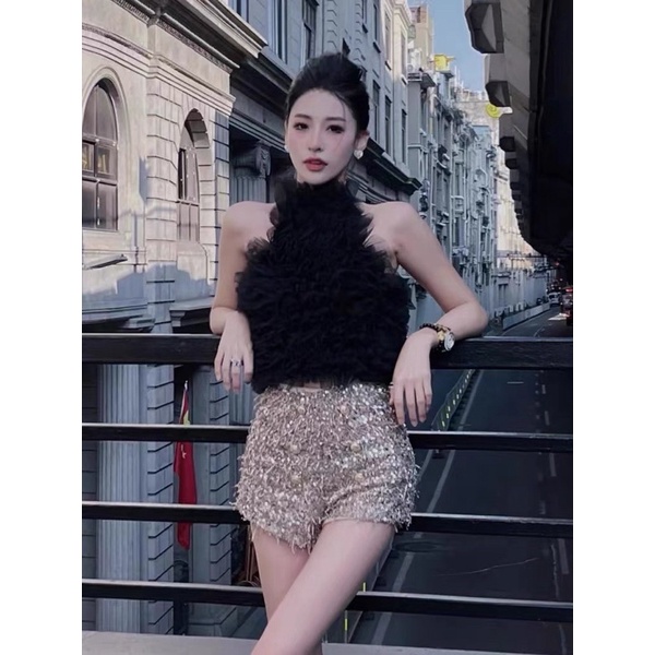 ( ORDER ) Áo Cổ Yếm Đen Phối Bèo Lưới
