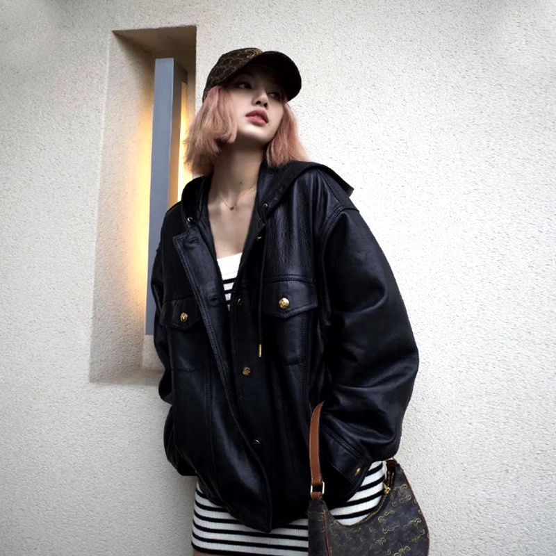 ÁO KHOÁC DA CÓ MŨ LISA BLACKPINK