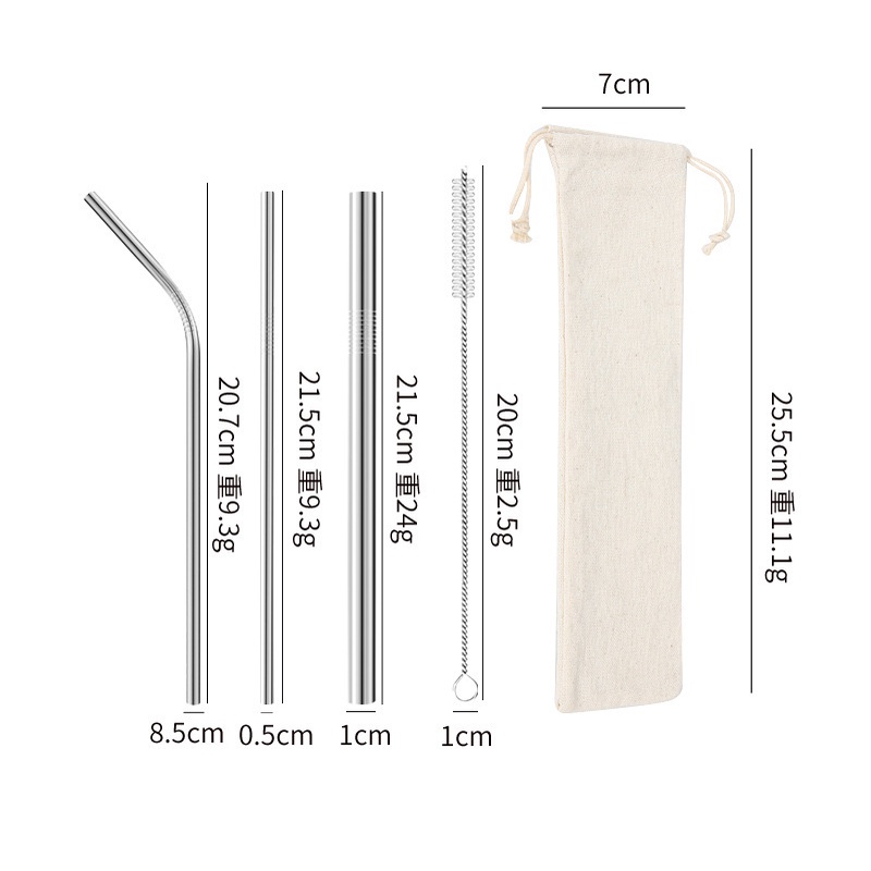 Set 3 Ống Hút Dài Inox 304 Đủ Size Kèm Chổi Cọ Rửa Và Túi Dây Rút