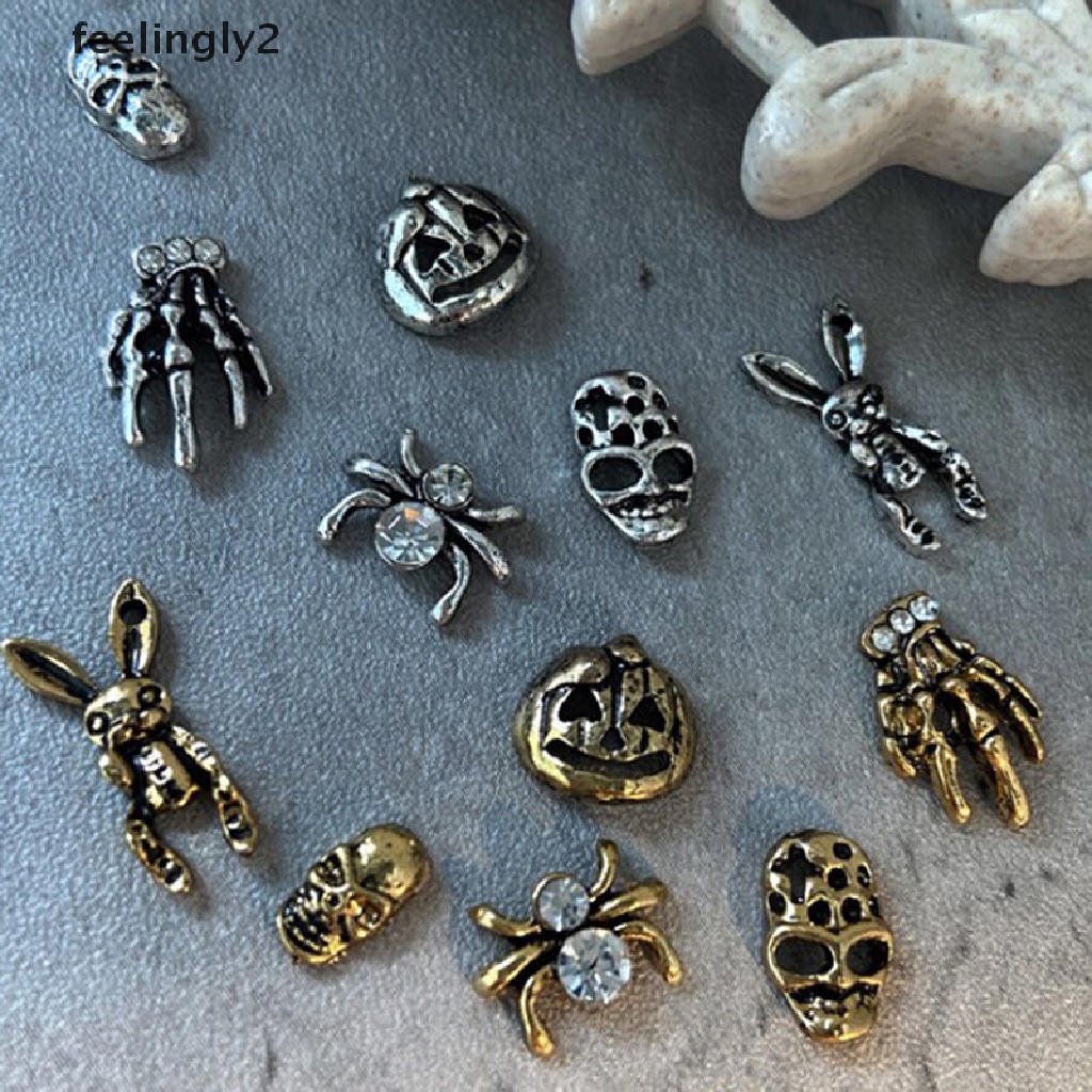 [Hàng Có Sẵn] Set 10 Đinh Tán Kim Loại Mạ Vàng / Bạc Đính Móng Tay Phong Cách Punk Halloween Ch (F)