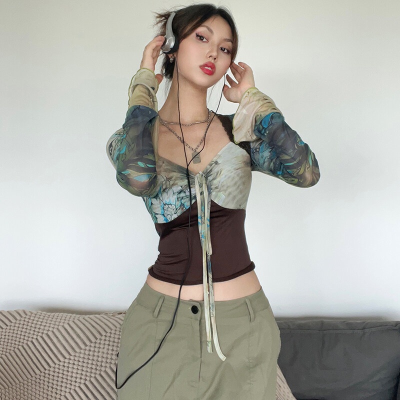 Weird Puss Áo thun dài tay nhuộm màu phong cách retro thời trang cho nữ