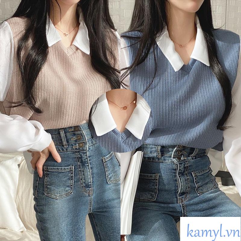 Kamyl Áo Thun Polo Giả Hai Lớp Tay áo dài Dáng Rộng Màu Sắc Tương Phản Thời Trang Dành Cho Nữ