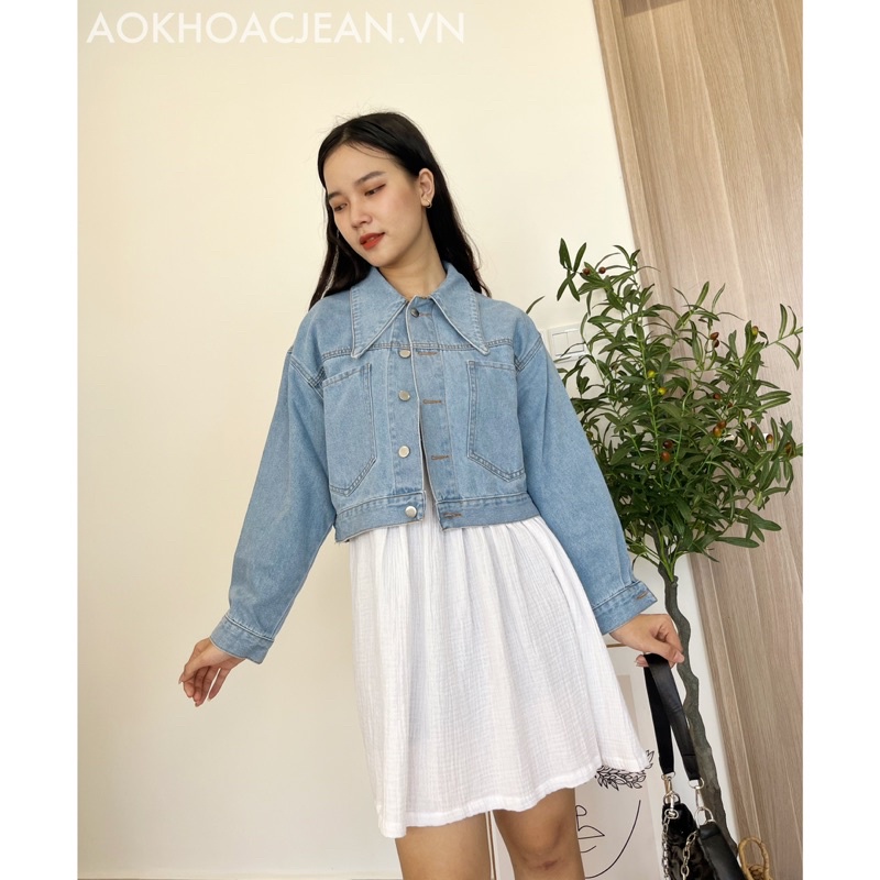 Áo khoác Jean nữ dài tay, 2 túi dáng ngắn phong cách Ulzzang