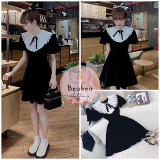 [Ảnh thật] Đầm nhung đen phối trắng viền ren thắt nơ vintage