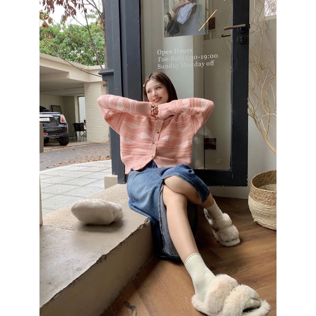 SUXI Áo Khoác Cardigan Dệt Kim Tay Dài Dáng Rộng Họa Tiết Kẻ Sọc Thời Trang Mùa Thu Cho Nữ