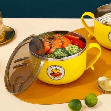 Tô ăn mì - Bát inox có nắp đậy dung tích 1 lít họa tiết vịt vàng