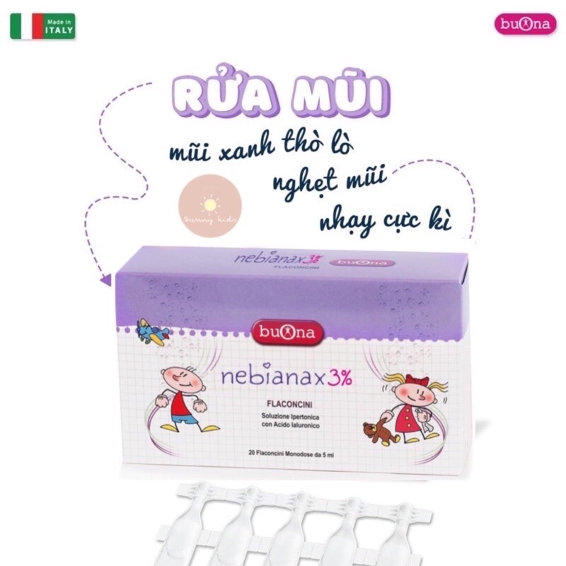 NƯỚC MUỐI ƯU TRƯƠNG NEBIANAX 3% / NEBIAL 3% FLACONCINI HỘP20ỐNG X5ML. GIẢM NGHẸT MŨI, LOÃNG DỊCH MŨI