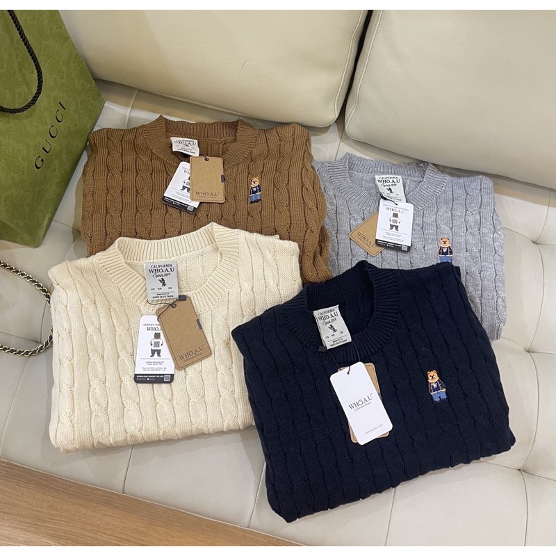 Áo len Whou cộc tay thêu gấu made in VN