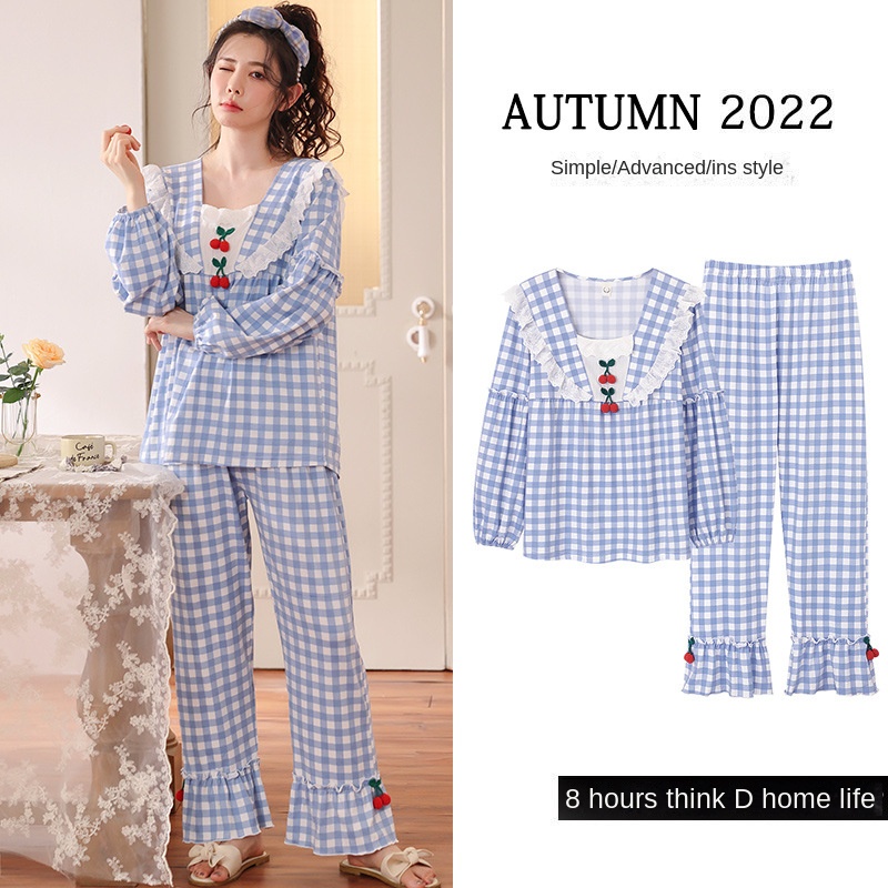 Bộ Đồ Ngủ Tay Dài Họa Tiết Caro Phối Ren Dễ Thương Thời Trang Xuân Thu Cho Nữ