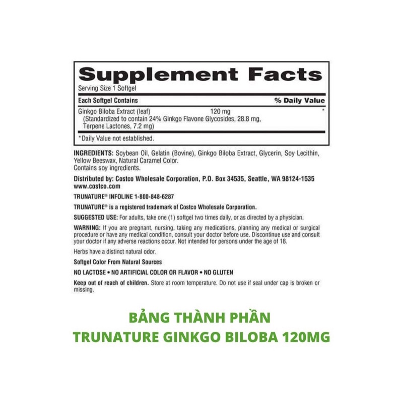 Viên Uống Bổ Não Tăng Cường Trí Nhớ, Tuần Hoàn Não Trunature Ginkgo Biloba 120mg 340 viên