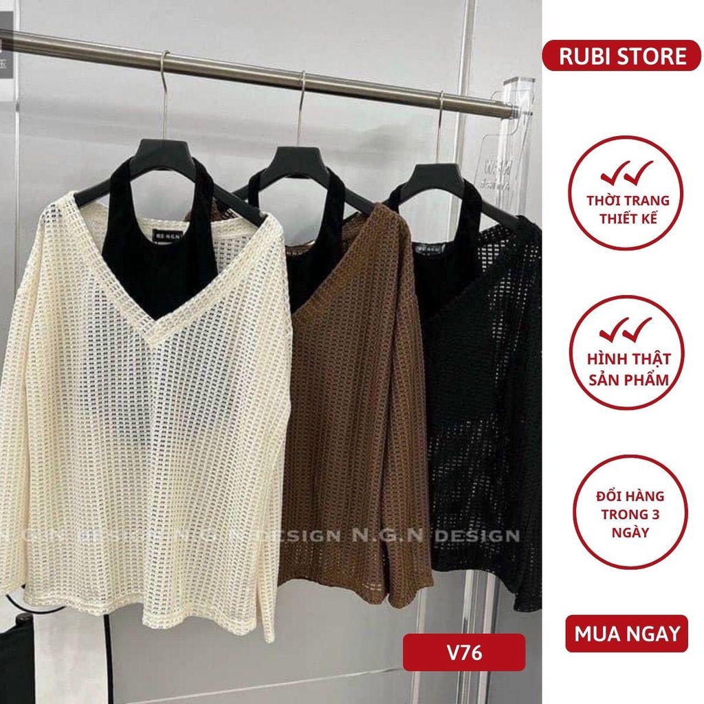 V76 Áo lưới mỏng cổ tim dáng dài rộng tặng kèm áo bra yếm