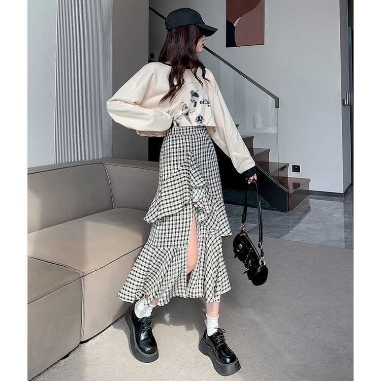 Chân váy đuôi cá MULTIPLICATION dáng dài thiết kế xẻ tà họa tiết kẻ sọc phong cách cổ điển thời trang xuân hè mới cho nữ