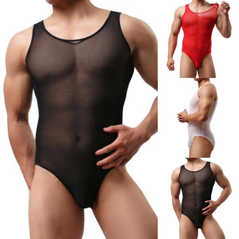 Men Leotard Black/White Bodysuit Sheer Sleeveless Jockstrap Bulge Pouch Brief Underwear