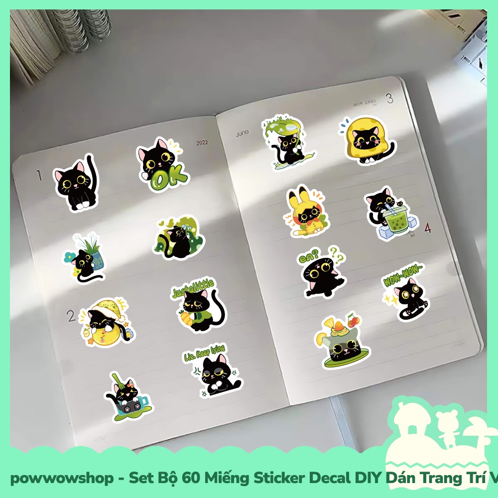[Sẵn VN - Hỏa Tốc] Set Bộ 50/60 Miếng Sticker DIY Chống Thấm Nước Dán Trang Trí Vật Dụng Phong Cách Hoạt Hình Green Cat