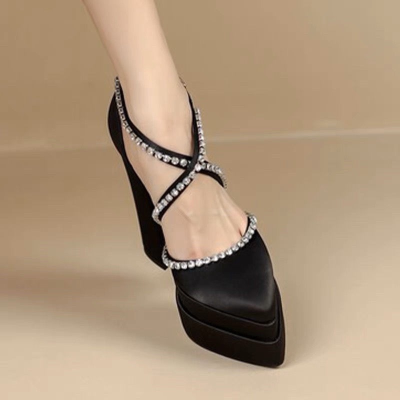 🌸ORDER 🌸 Giày đế đúp gót trụ dây đá chéo mũi nhọn & ảnh thật, 13cm 34-39