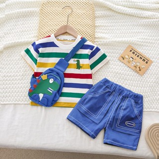 Set bộ 3 chi tiết, đồ bộ bé trai áo ngắn tay quần sort có túi chéo ngực style Hàn, quần áo trẻ em đi học đi chơi