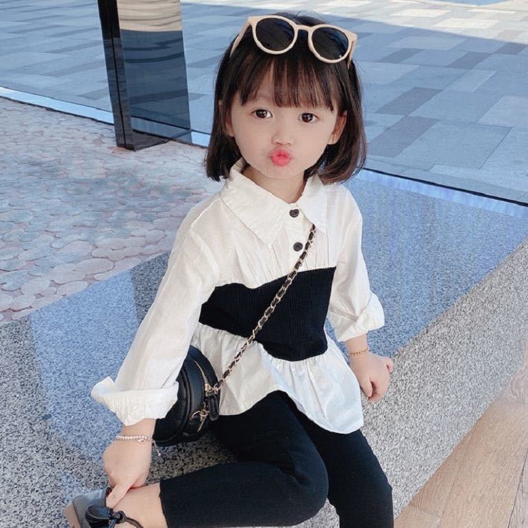 Áo sơ mi trắng dài tay phối đai lưng đen cho bé gái (Cao 80-130cm & nặng 80-25kg) N01356