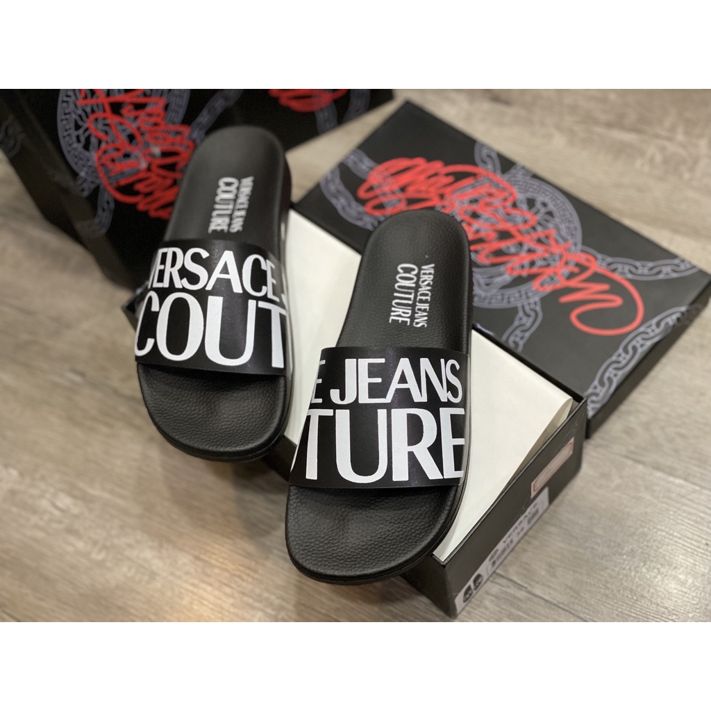 Dép Nam Versace Jeans Couture Logo Slippers In Black Màu Đen